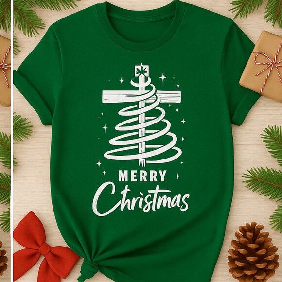 🎄✨ Merry Christmas Cross Tree Tee – Faith Christmas Shirt – Holiday Graphic Tee - Picture 1 of 1